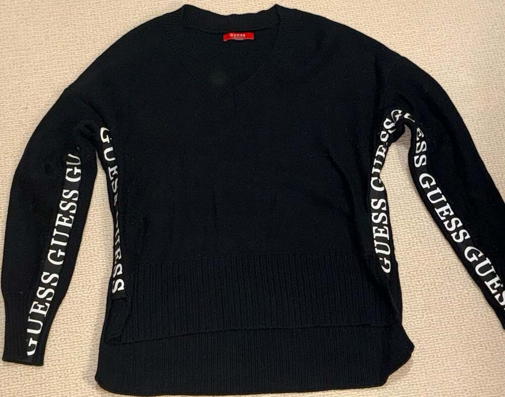 Guess Black V-Neck Sweater with Logo Sleeves